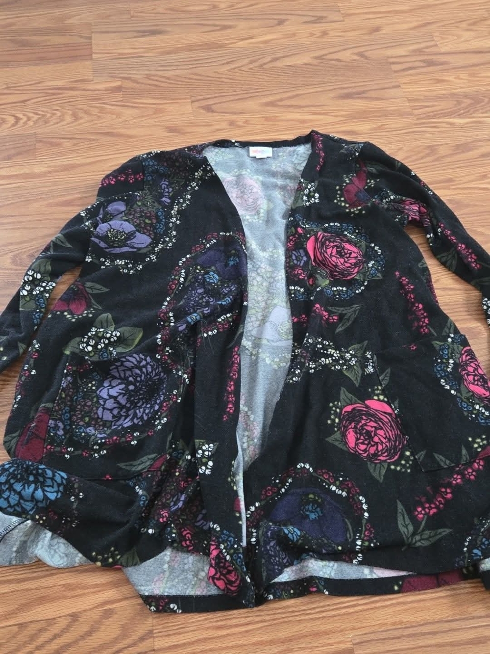 LuLaRoe Black Floral Open-Front Cardigan with Pink and Purple Blooms